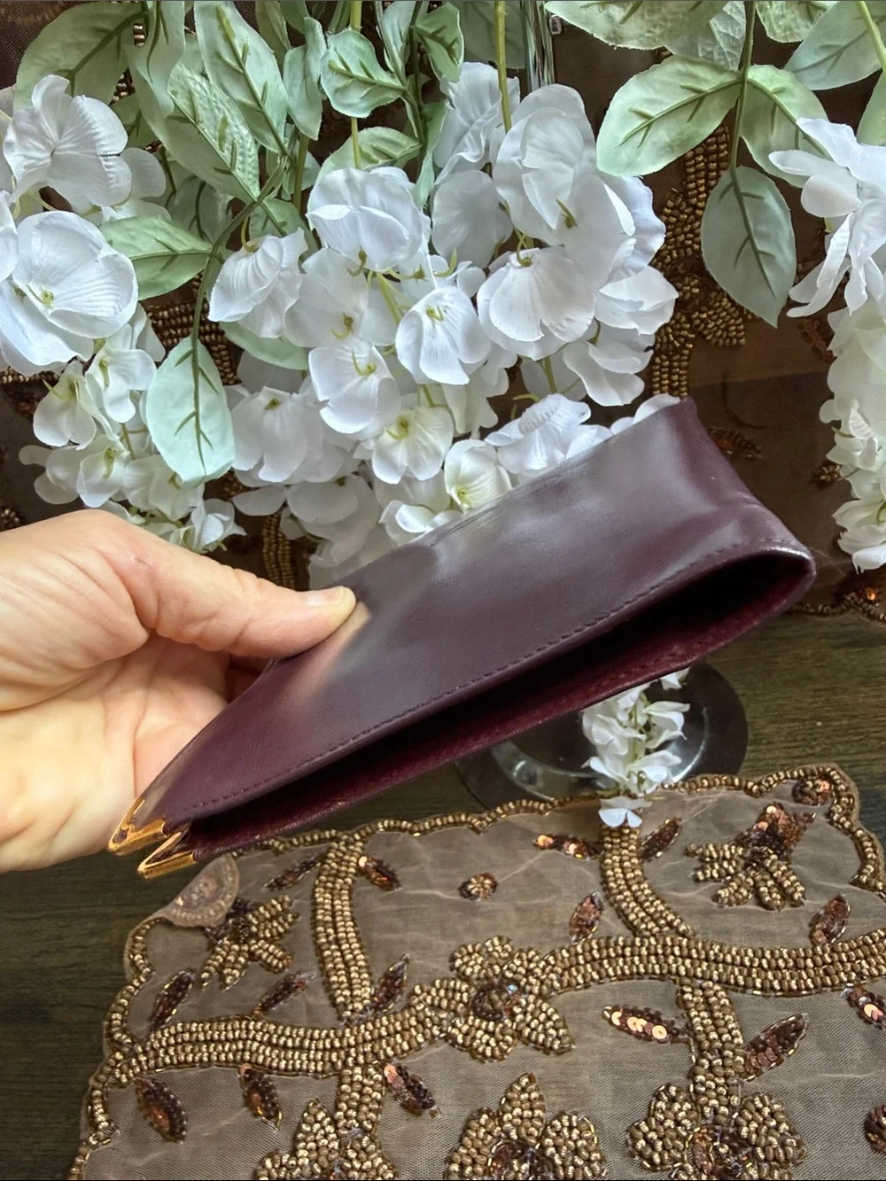 Cartier Plum Leather Embossed Fold Clutch